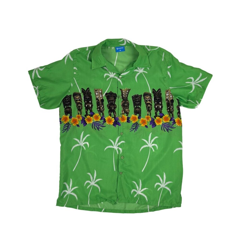 OnShore Hawaiian Shirt Mens Size Medium Green Tiki Statues Tropical Palm Trees S - Picture 11 of 11